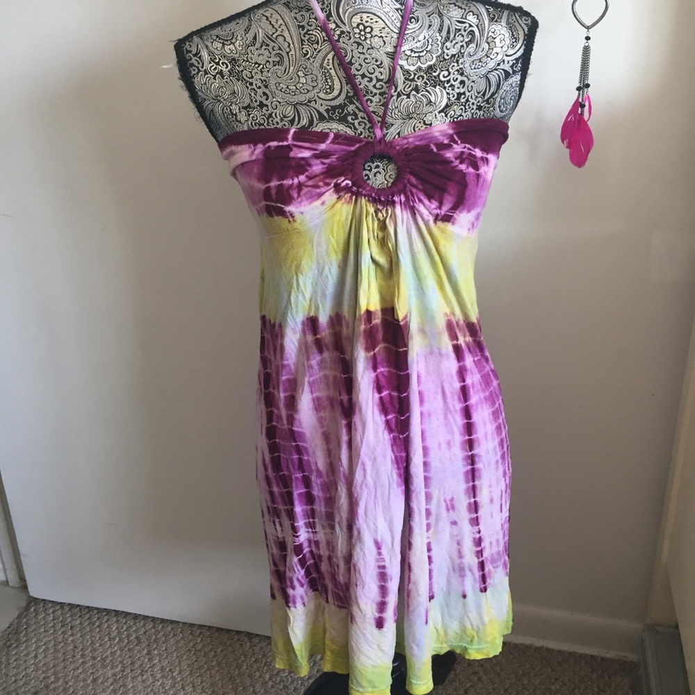 Y2K OCEAN BREEZE TIE DYE HALTER HIPPIE  DRESS S